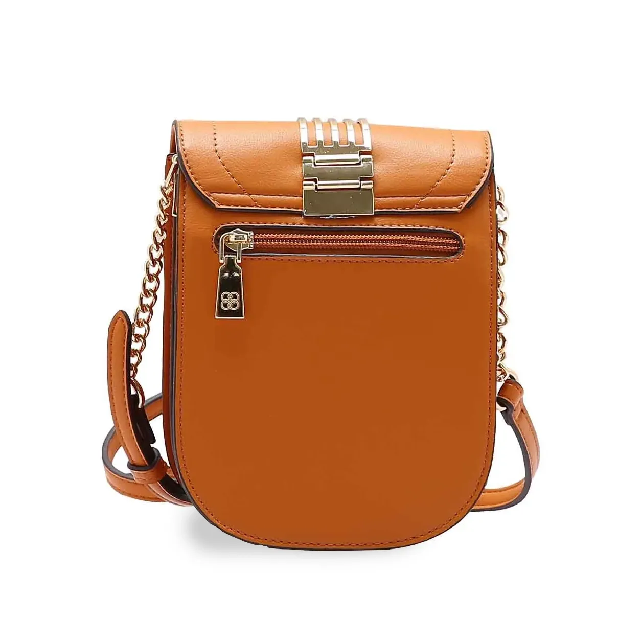Bolsa transversal Chenson caramelo vista traseira com bolso externo e alça com corrente dourada